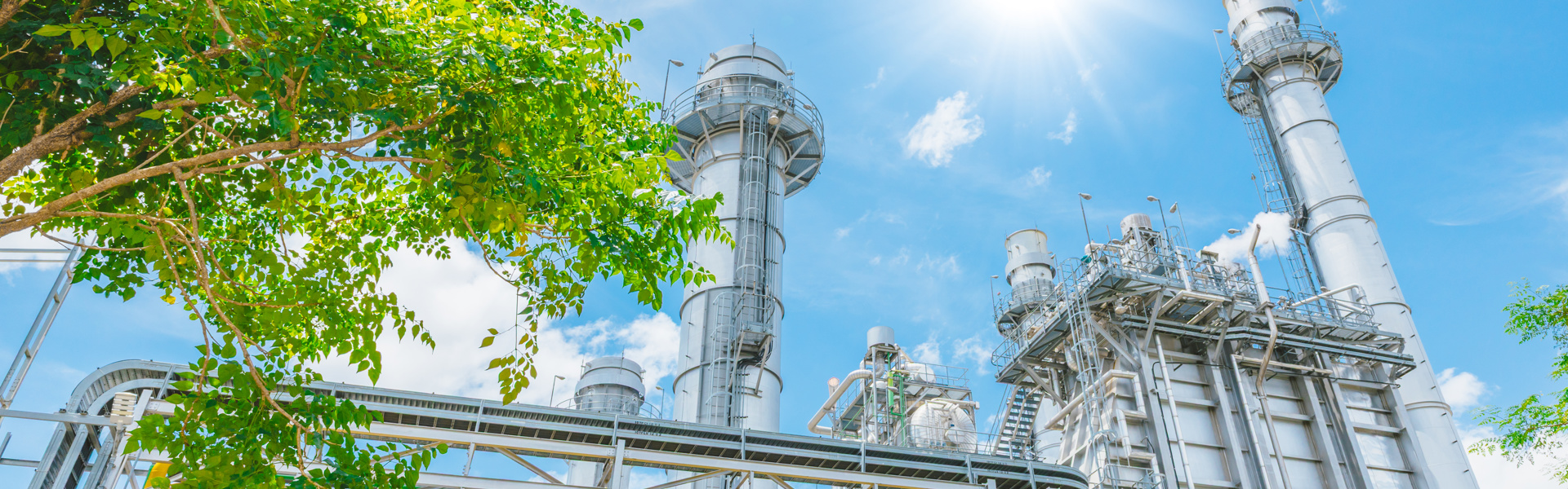 Modernes Konzept für eine nachhaltige Energiewirtschaft. Kraftwerk unter blauem Himmel hinter einem Baum.