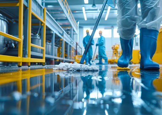Reinigungstrupp für Industrieanlagen - die Arbeiter tragen Schutzausrüstung beim Wischen in der Fabrik. 
