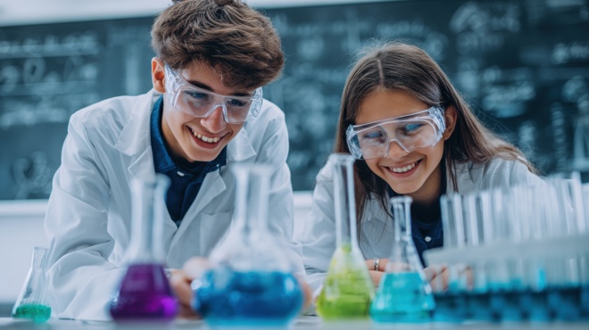 Teenager machen Chemie-Experimente im Labor  