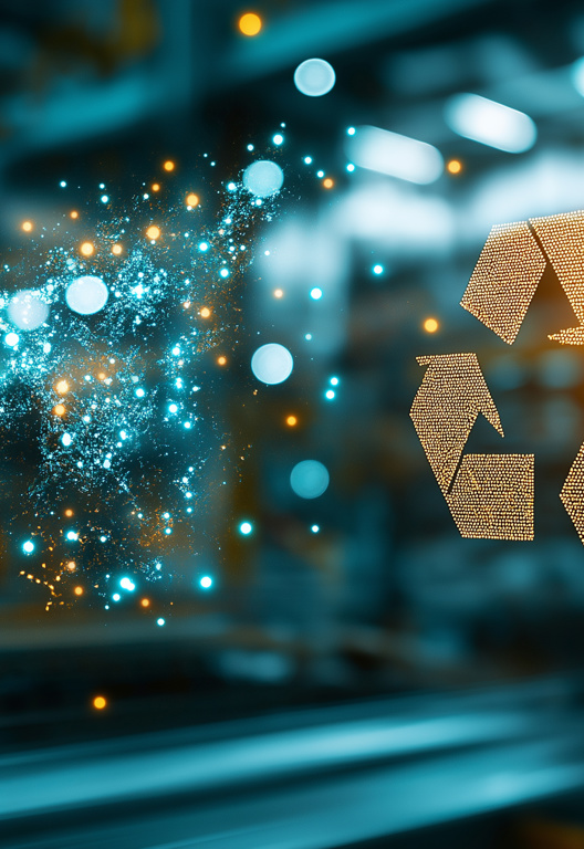 goldenes Symbol der Kreislaufwirtschaft auf einem verschwommenen industriellen Hintergrund