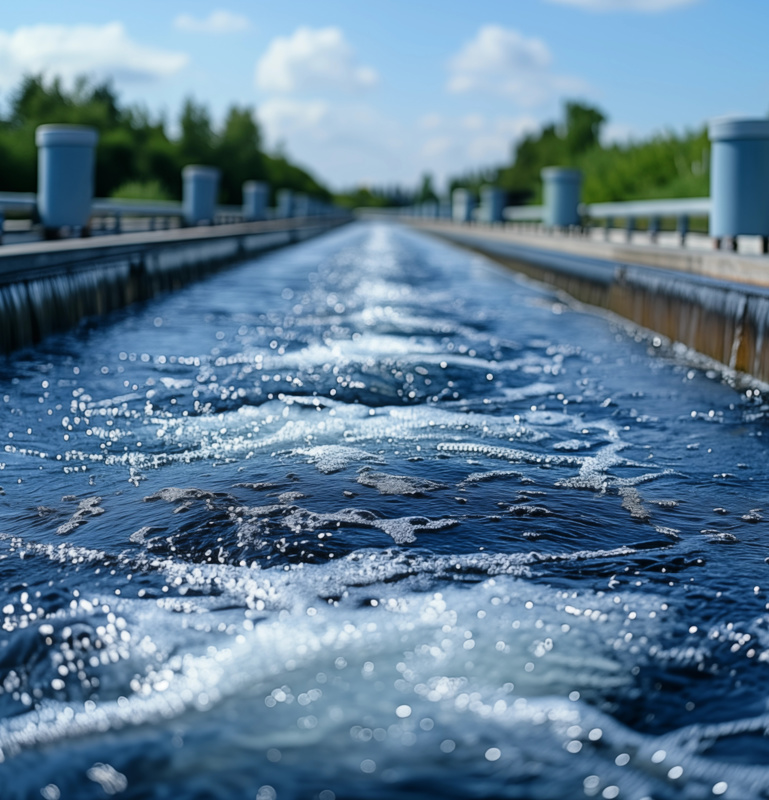 Nachklärbecken in der Kläranlage, mit Wasser Überlauf und Räumer, nachhaltiger Wasserkreislauf