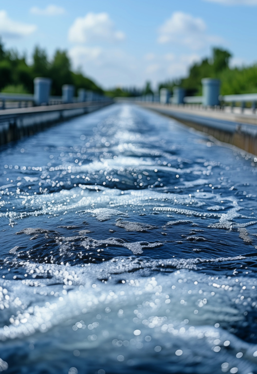 Nachklärbecken in der Kläranlage, mit Wasser Überlauf und Räumer, nachhaltiger Wasserkreislauf