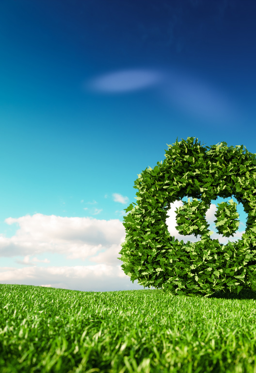 Konzept zur Begrenzung der Kohlendioxid-Emissionen. 3D-Rendering einer CO2-Wolke auf einer frischen Frühlingswiese mit blauem Himmel im Hintergrund.