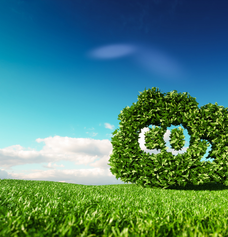 Konzept zur Begrenzung der Kohlendioxid-Emissionen. 3D-Rendering einer CO2-Wolke auf einer frischen Frühlingswiese mit blauem Himmel im Hintergrund.