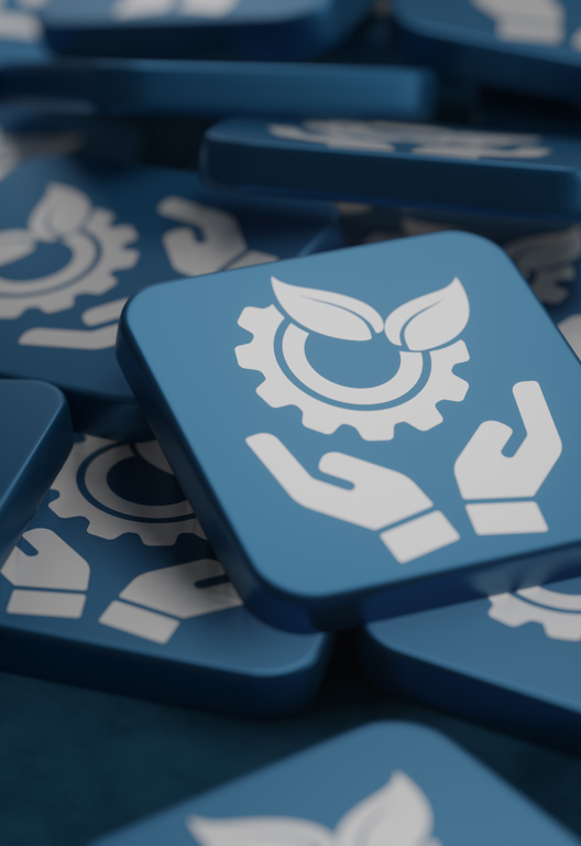 kleine blaue Fliesen mit dem Symbol Nachhaltigkeit - Konzept der blauen Fliesen