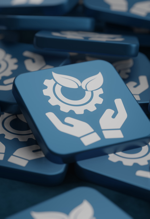 kleine blaue Fliesen mit dem Symbol Nachhaltigkeit - Konzept der blauen Fliesen