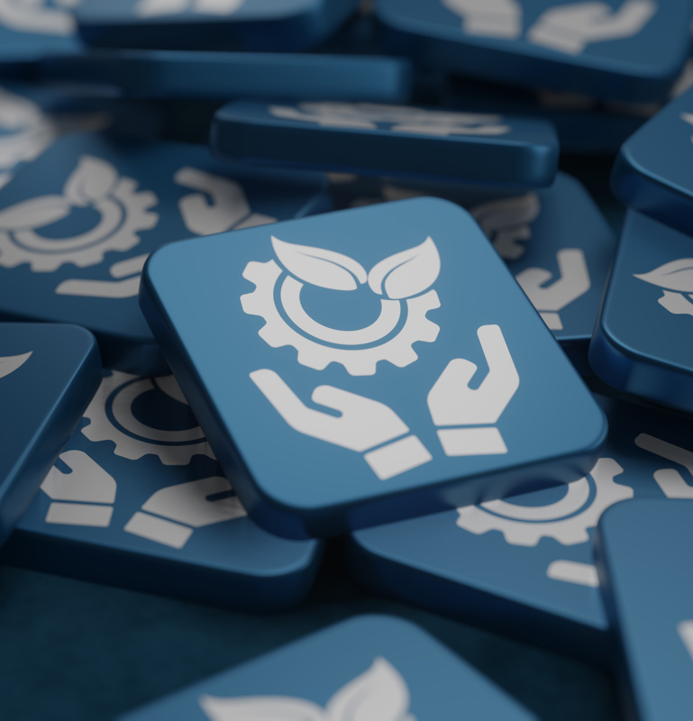 kleine blaue Fliesen mit dem Symbol Nachhaltigkeit - Konzept der blauen Fliesen