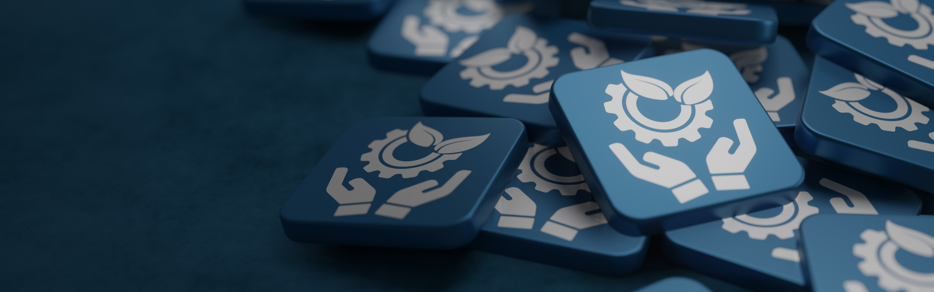 kleine blaue Fliesen mit dem Symbol Nachhaltigkeit - Konzept der blauen Fliesen