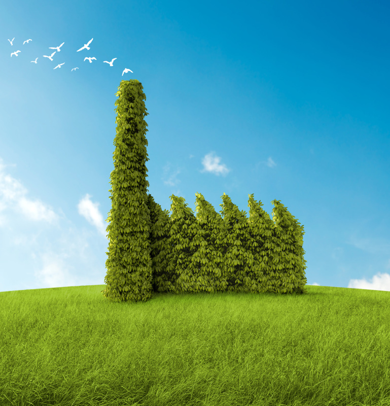 Industriegebäude in Form eines Busches auf einer Wiese und blauer Himmel