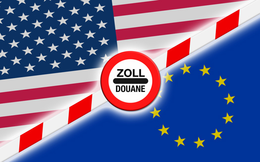 Grafik mit Zollgrenze zwischen den Flaggen von USA und EU
