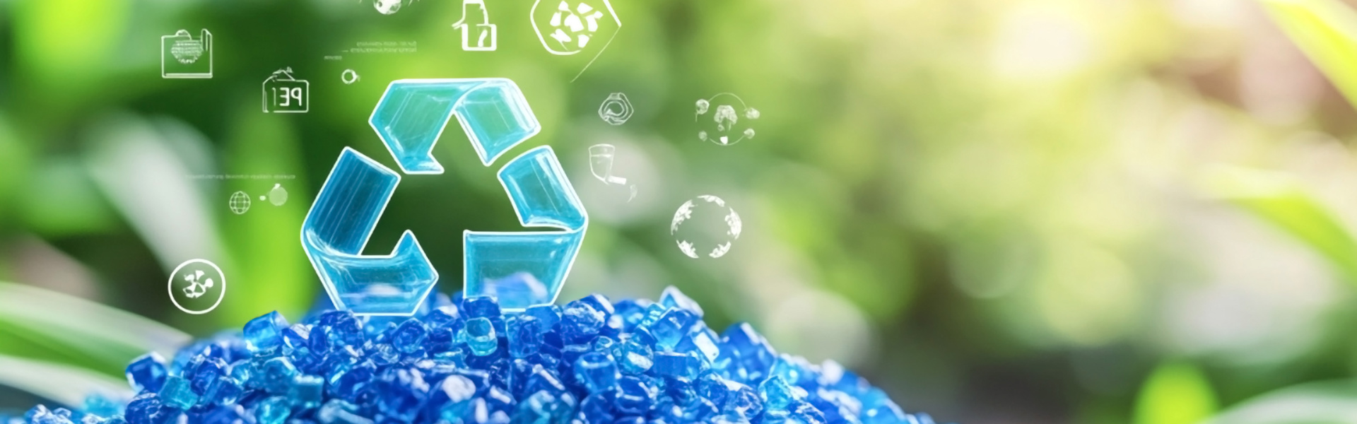 Recycling-Symbol über einem Haufen blauer Kunststoffpellets 