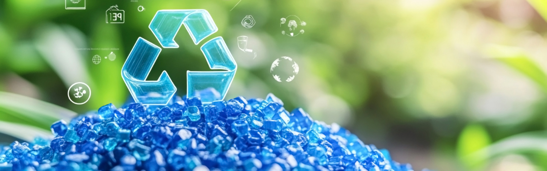 Recycling-Symbol über einem Haufen blauer Kunststoffpellets 