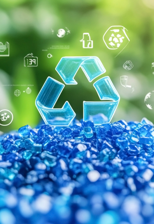 Recycling-Symbol über einem Haufen blauer Kunststoffpellets 
