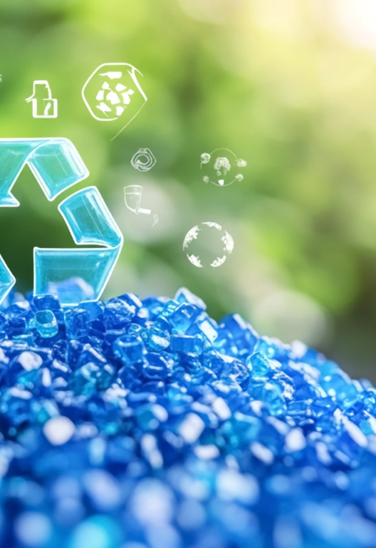 Recycling-Symbol über einem Haufen blauer Kunststoffpellets 