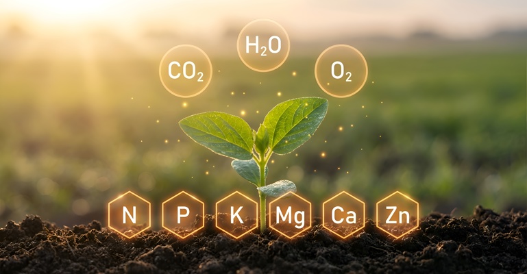 Junge Pflanze am Acker mit chemischen Elementen und Verbindungen