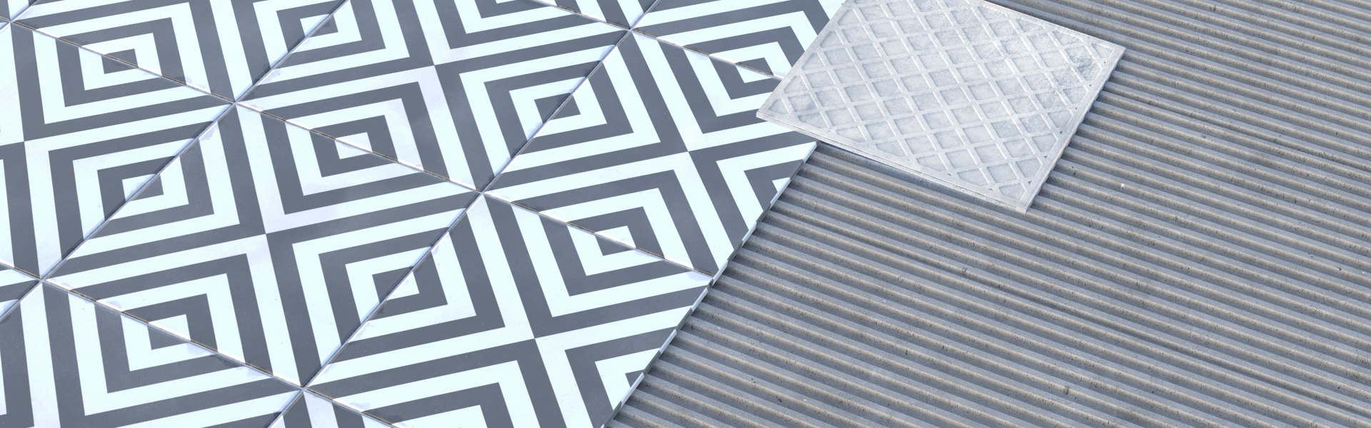 gemusterte Fliese wird mit Baukleber verlegt